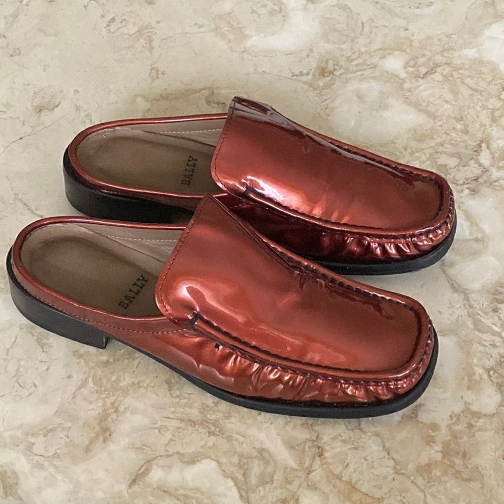 Bally Talky Mules Bronze Patent Leather Slip On Shoes Open Back